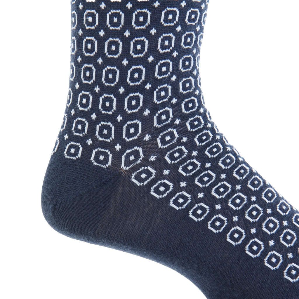 Dress Navy with White Neats Fine Merino Wool Over-the-Calf Sock