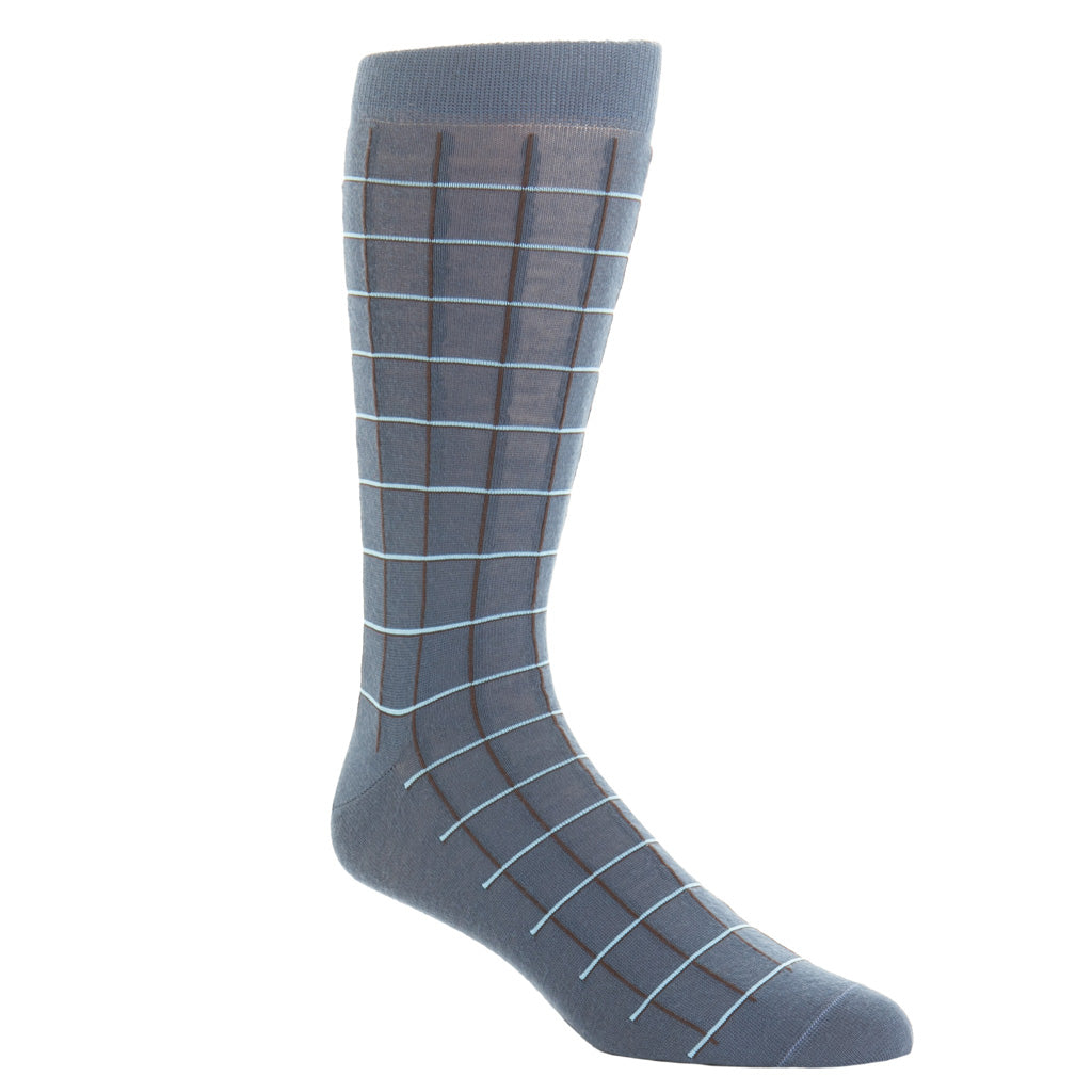 Bay Blue with Mushroom &amp; Cream Windowpane Fine Merino Wool Over-the-Calf Sock