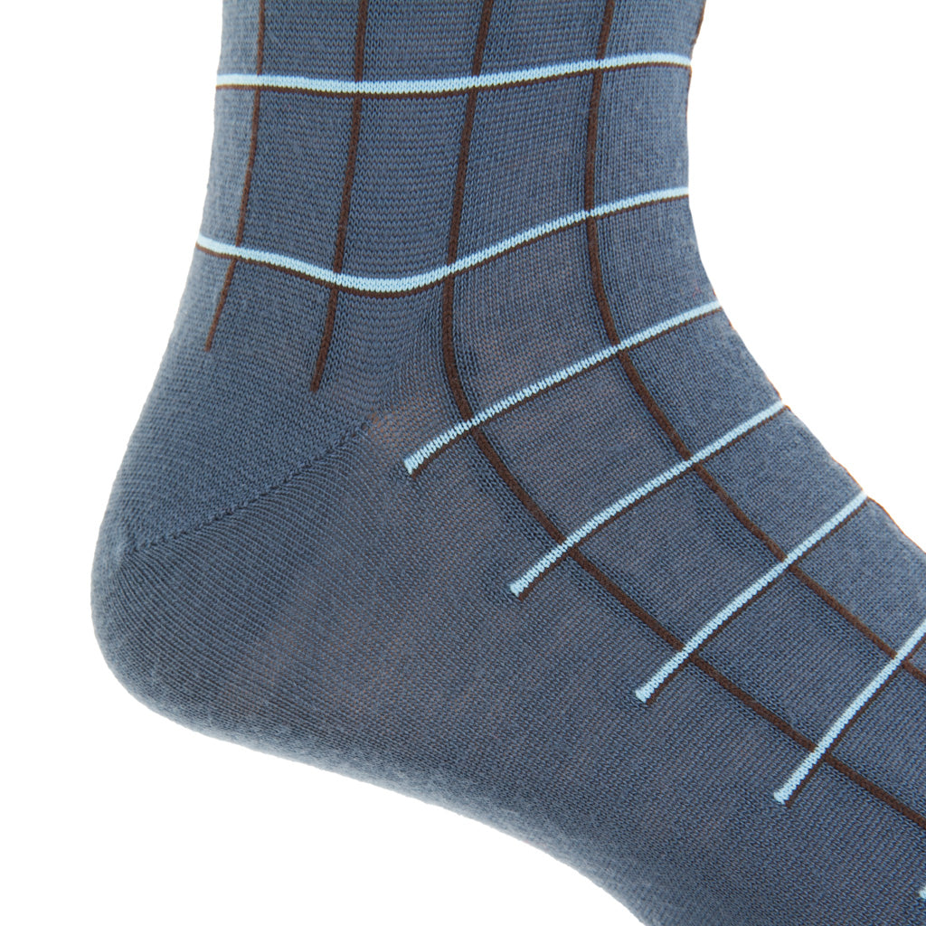 Bay Blue with Mushroom &amp; Cream Windowpane Fine Merino Wool Mid-Calf Sock