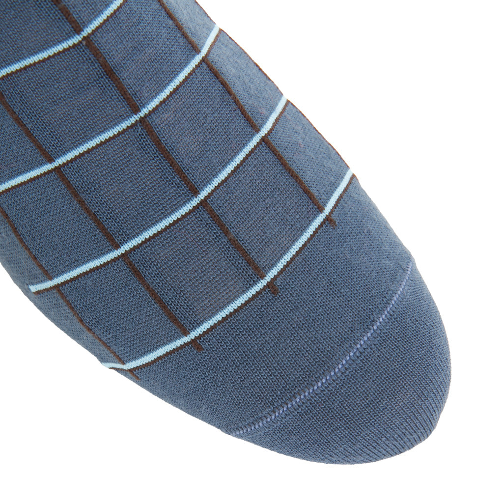 Bay Blue with Mushroom &amp; Cream Windowpane Fine Merino Wool Mid-Calf Sock