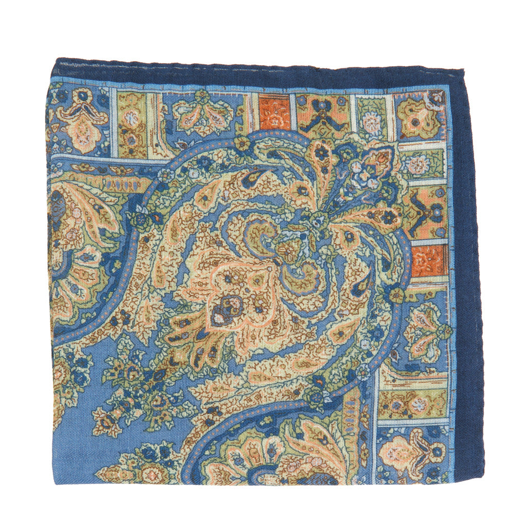 Bay Blue, Sage, &amp; Tan Paisley Pattern with Navy Border Pocket Square