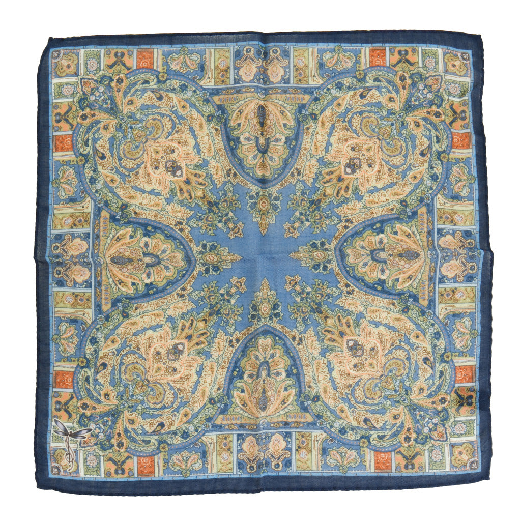 Bay Blue, Sage, &amp; Tan Paisley Pattern with Navy Border Pocket Square