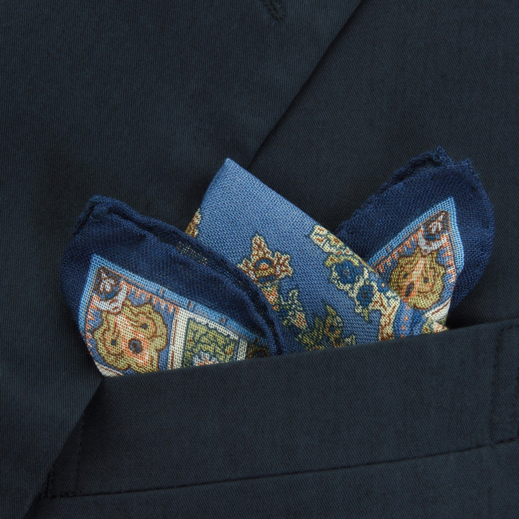 Bay Blue, Sage, &amp; Tan Paisley Pattern with Navy Border Pocket Square