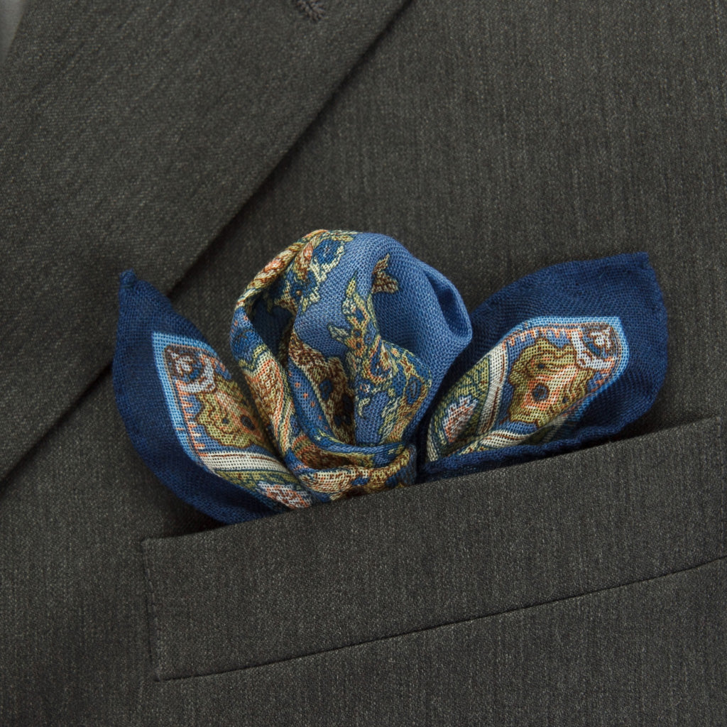 Bay Blue, Sage, &amp; Tan Paisley Pattern with Navy Border Pocket Square