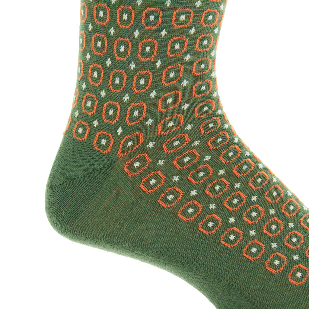 Forest Green with Orange and Tan Neat Cotton Mid-Calf Sock