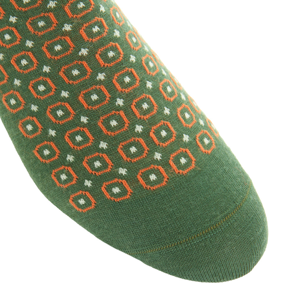 Forest Green with Orange and Tan Neat Cotton Mid-Calf Sock