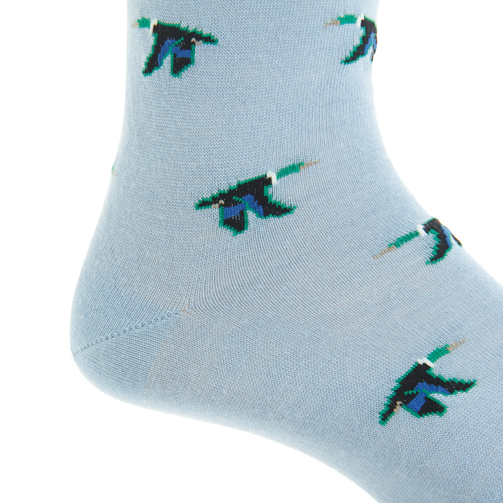 Sky Blue with Cobalt, Green, Saffron, Mushroom, &amp; Cream Mallard Fine Merino Wool Sock Linked Toe Mid-Calf