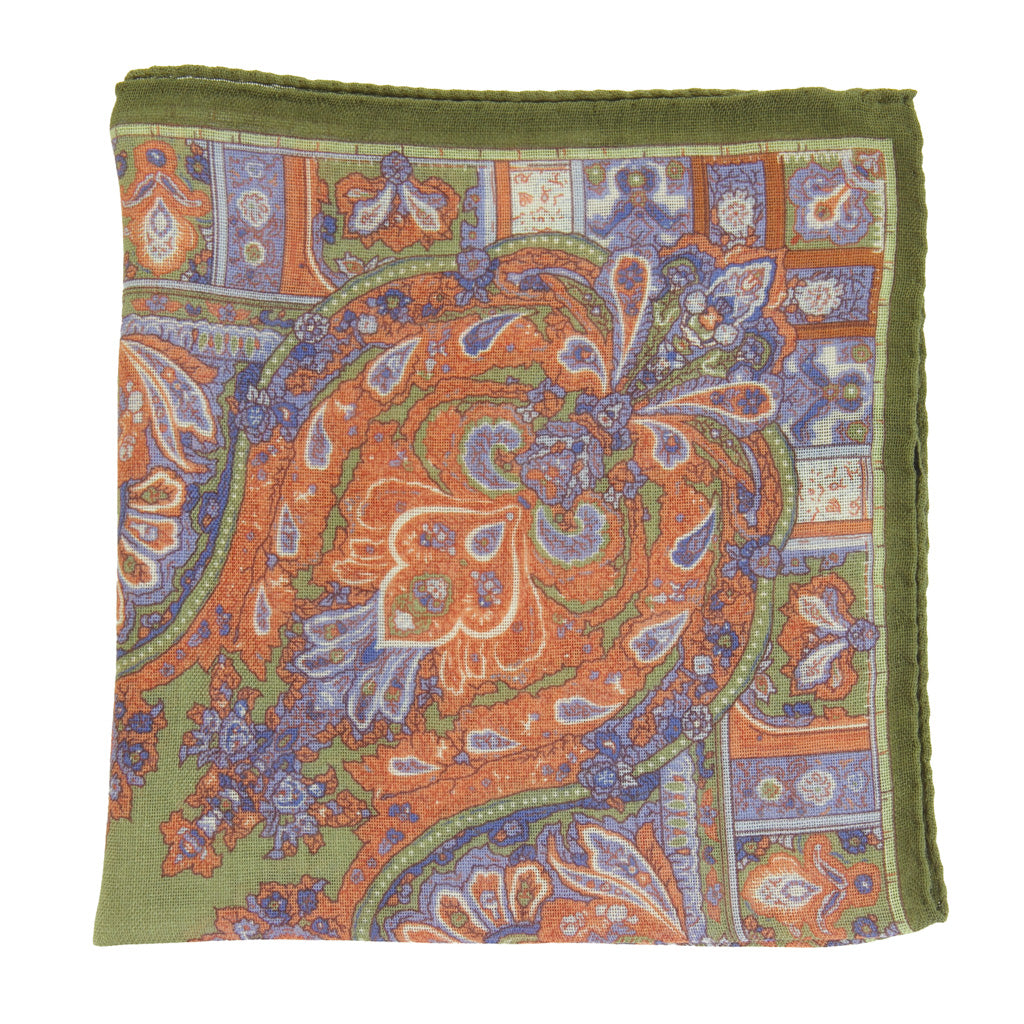 Burnt Orange &amp; Periwinkle Paisley Pattern with Sage Border Pocket Square