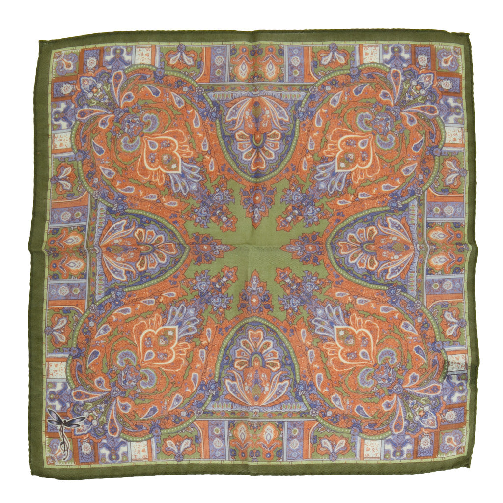 Burnt Orange &amp; Periwinkle Paisley Pattern with Sage Border Pocket Square