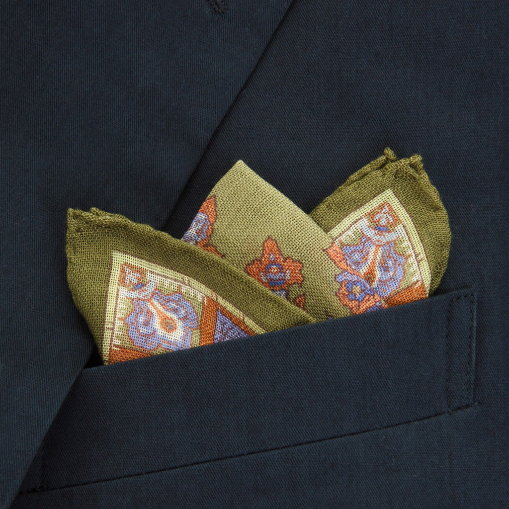 Burnt Orange &amp; Periwinkle Paisley Pattern with Sage Border Pocket Square