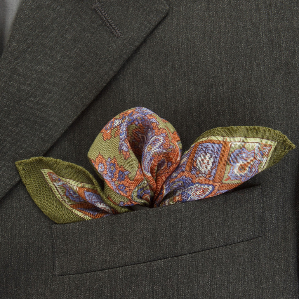 Burnt Orange &amp; Periwinkle Paisley Pattern with Sage Border Pocket Square