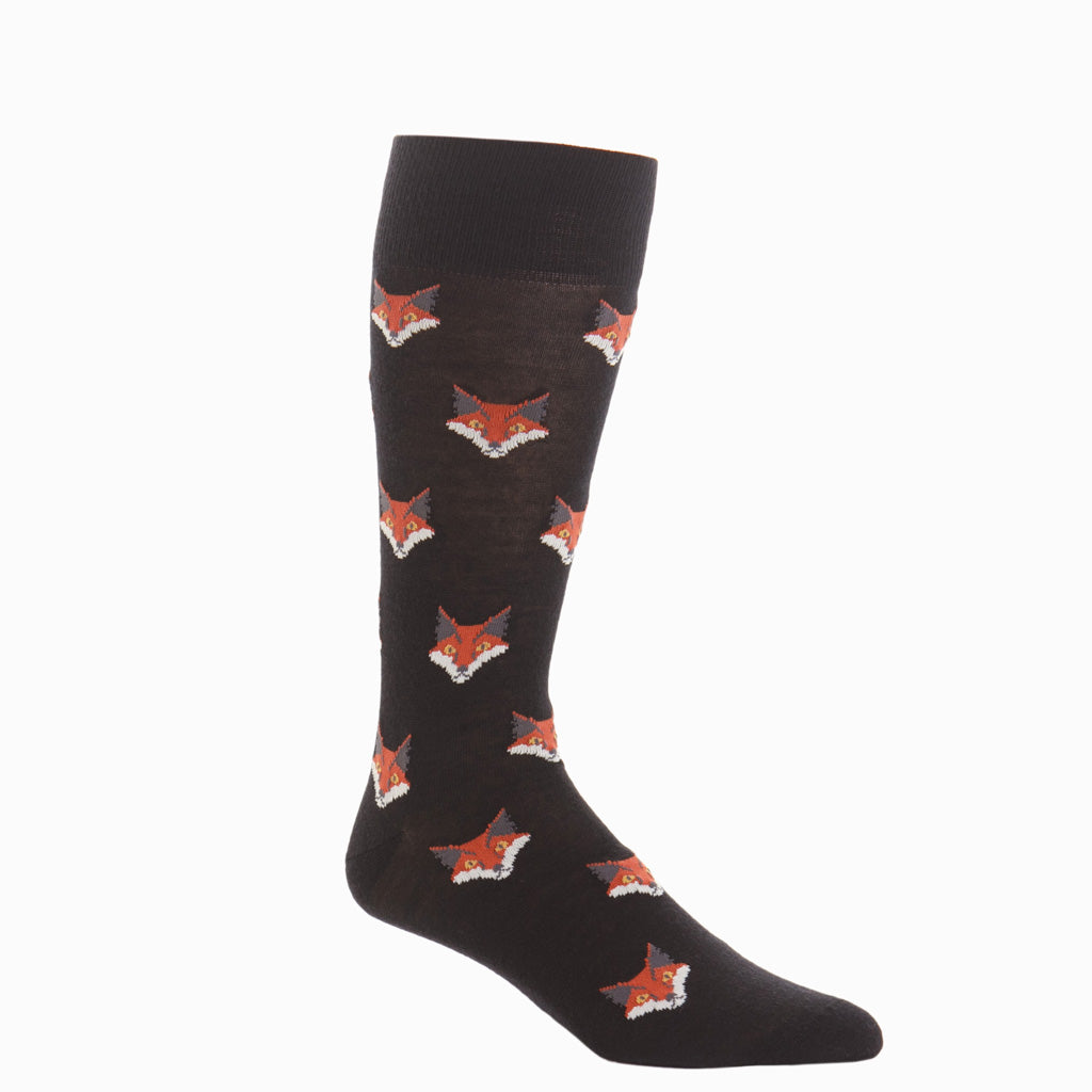 Black with Burnt Orange, Cream, Gold, and Charcoal Fox Fine Merino Wool Mid-Calf Sock