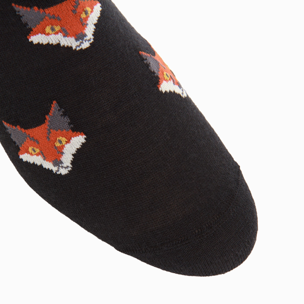 Black with Burnt Orange, Cream, Gold, and Charcoal Fox Fine Merino Wool Mid-Calf Sock