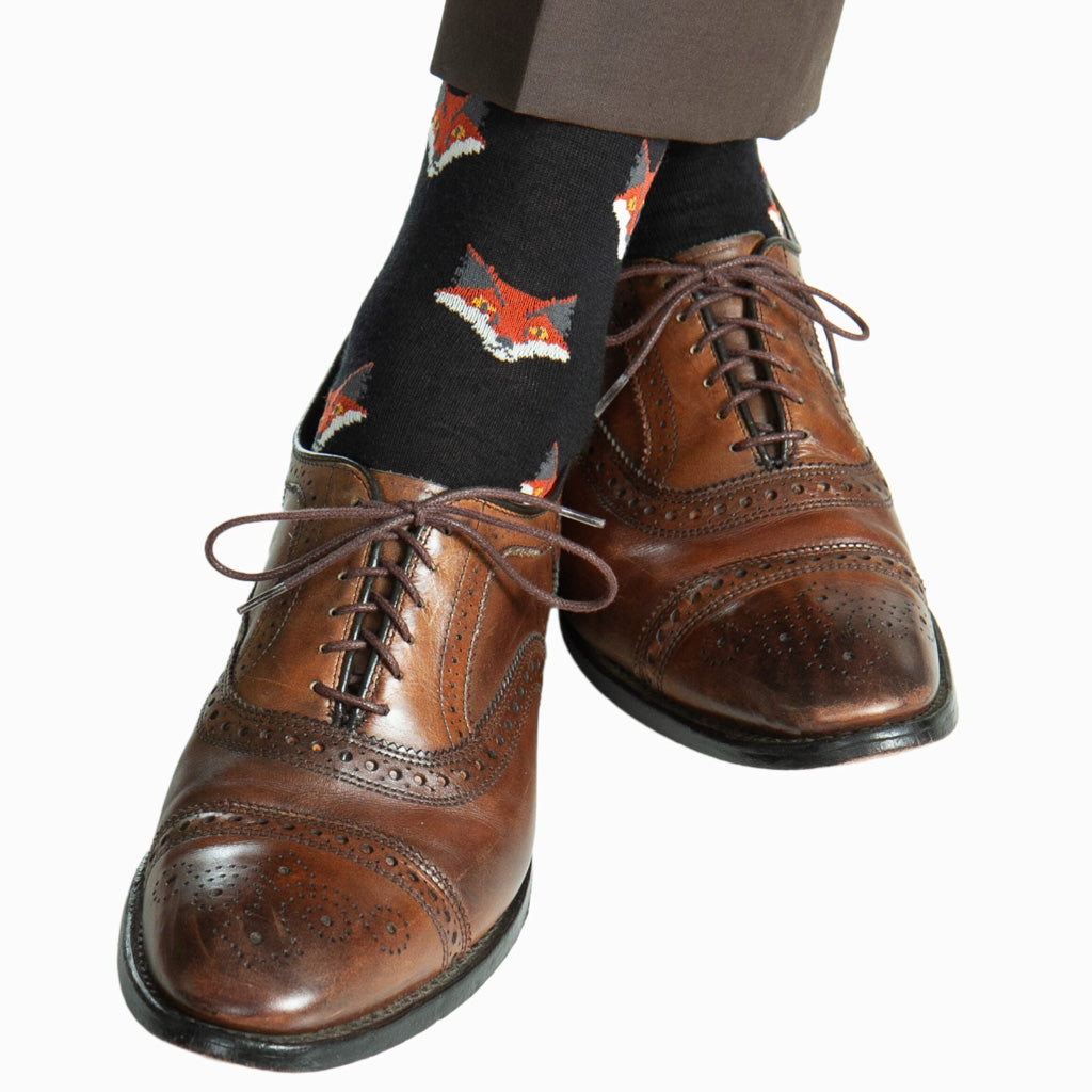 Black with Burnt Orange, Cream, Gold, and Charcoal Fox Merino Wool Sock Linked Toe Mid-Calf Black with Burnt Orange, Cream, Gold, and Charcoal Fox Merino Wool Sock Linked Toe Mid-Calf