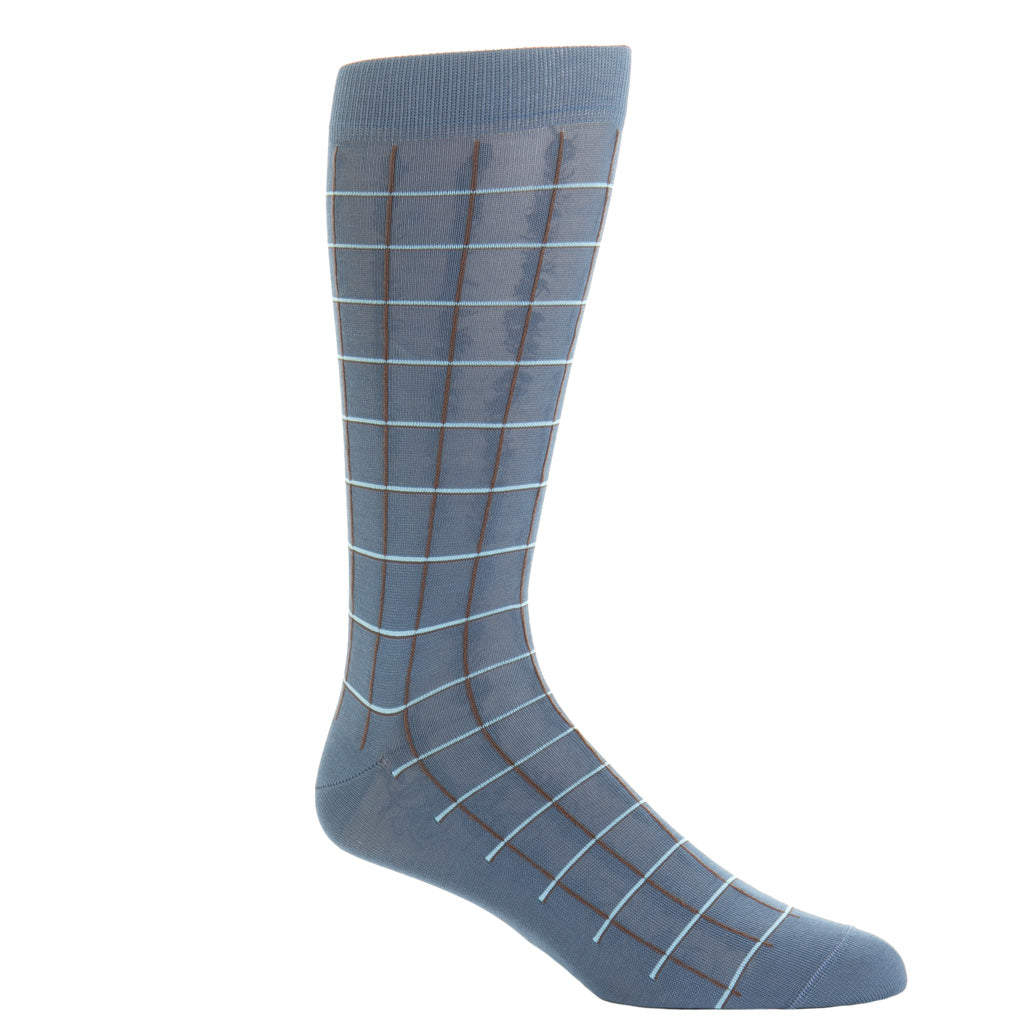 Bay Blue with Mushroom &amp; Cream Windowpane Fine Merino Wool Mid-Calf Sock