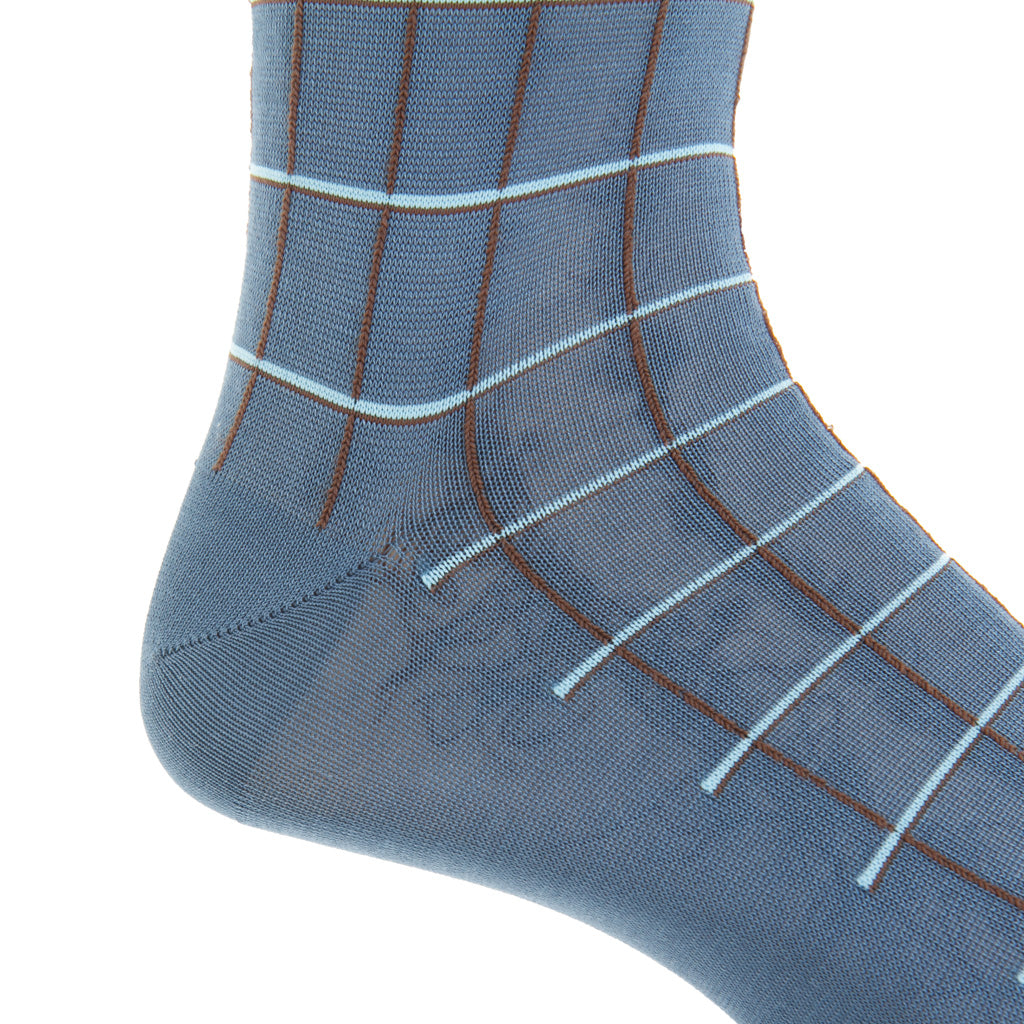 Bay Blue with Mushroom &amp; Cream Windowpane Fine Merino Wool Mid-Calf Sock