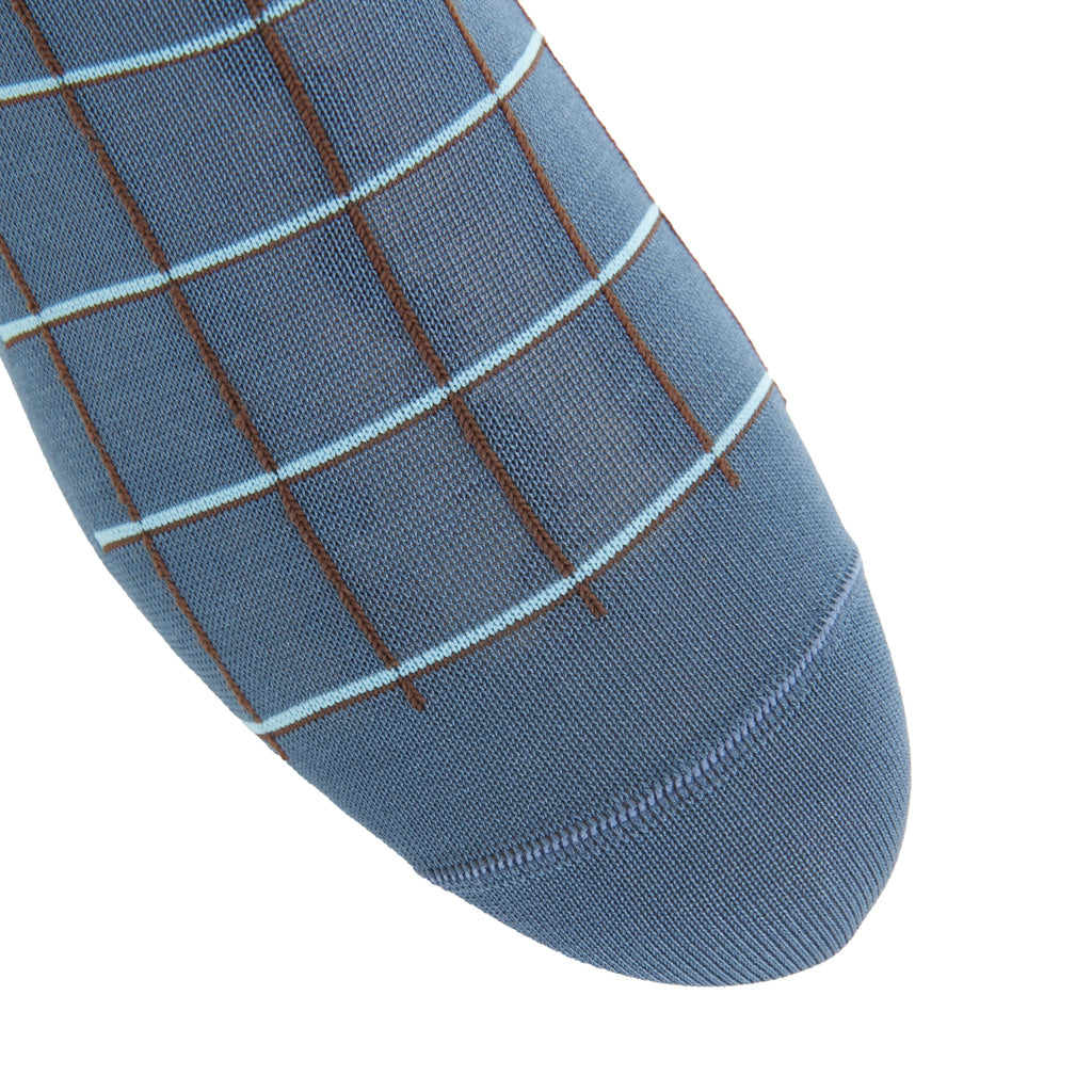 Bay Blue with Mushroom &amp; Cream Windowpane Fine Merino Wool Mid-Calf Sock