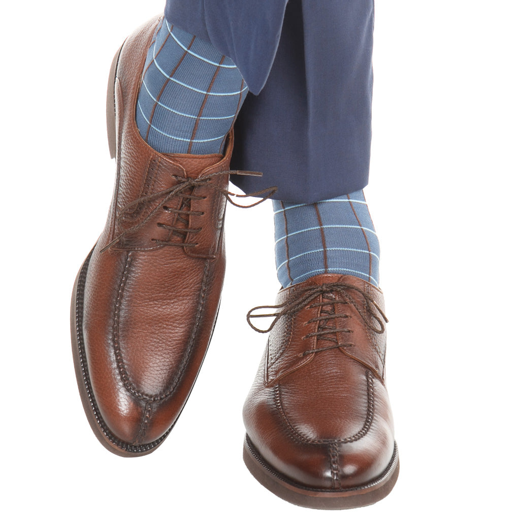 Bay Blue with Mushroom &amp; Cream Windowpane Fine Merino Wool Mid-Calf Sock