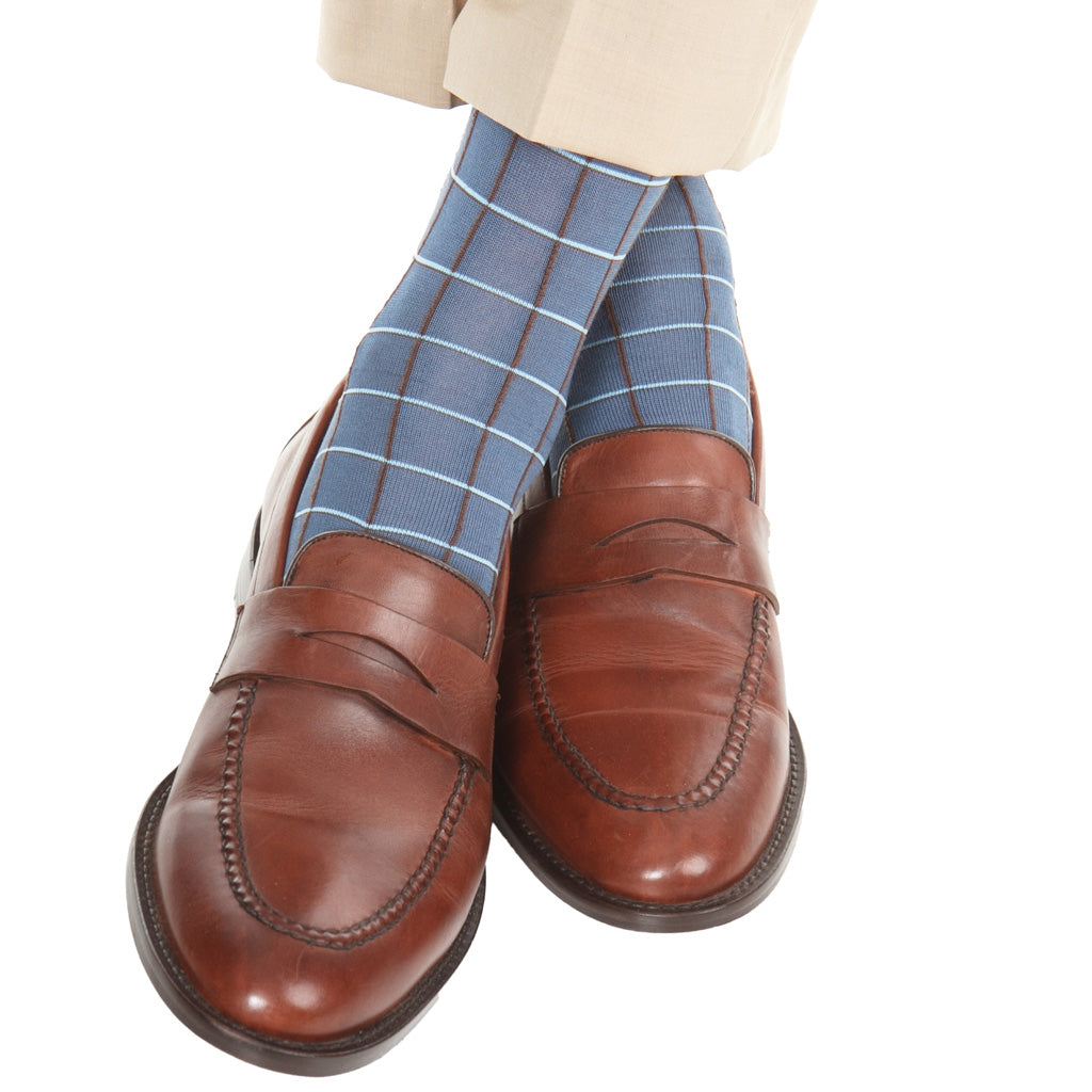 Bay Blue with Mushroom &amp; Cream Windowpane Fine Merino Wool Mid-Calf Sock