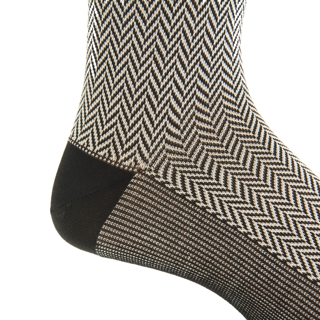 Black with Tan Herringbone Cotton Mid-Calf Sock