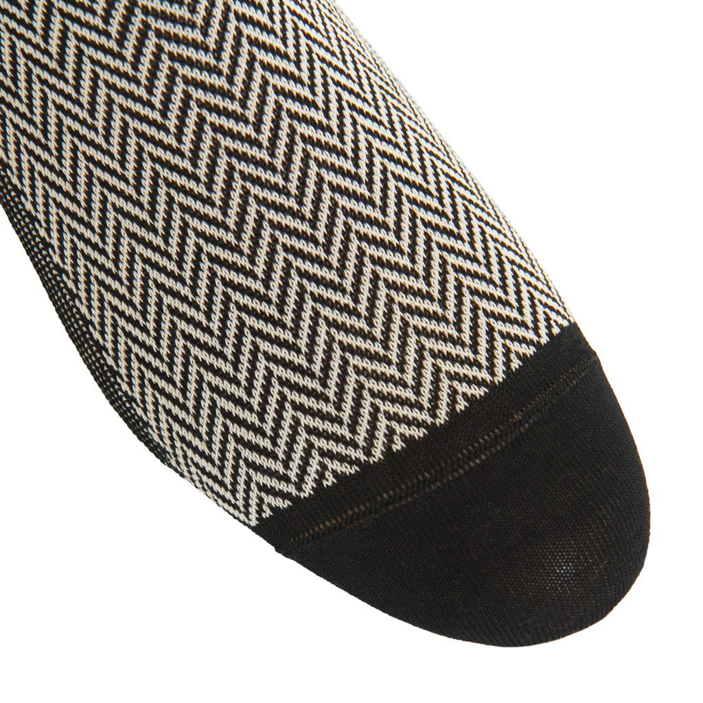 Black with Tan Herringbone Cotton Mid-Calf Sock