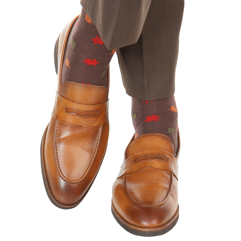 Coffee Brown with Fox &amp; Falling Leaves Fine Merino Wool Mid-Calf Sock