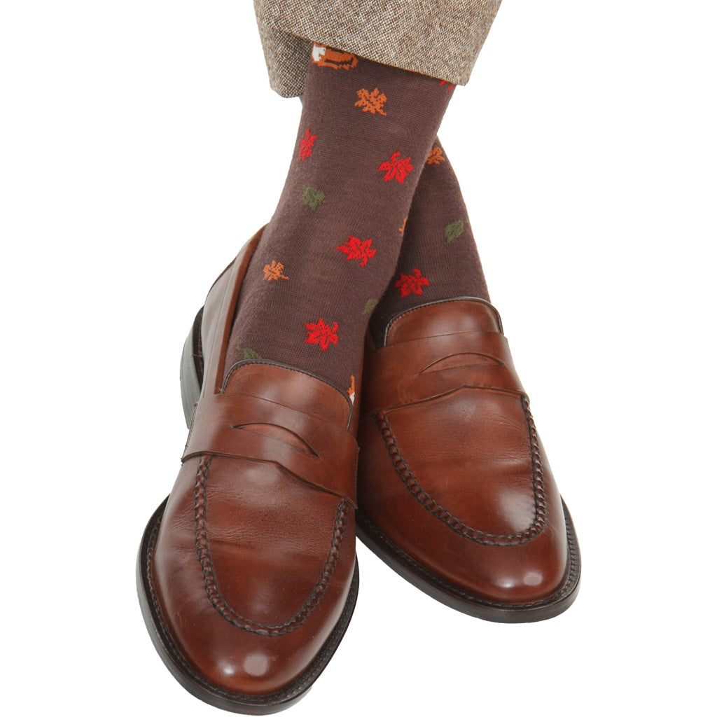 Coffee Brown with Fox &amp; Falling Leaves Fine Merino Wool Over-the-Calf Sock