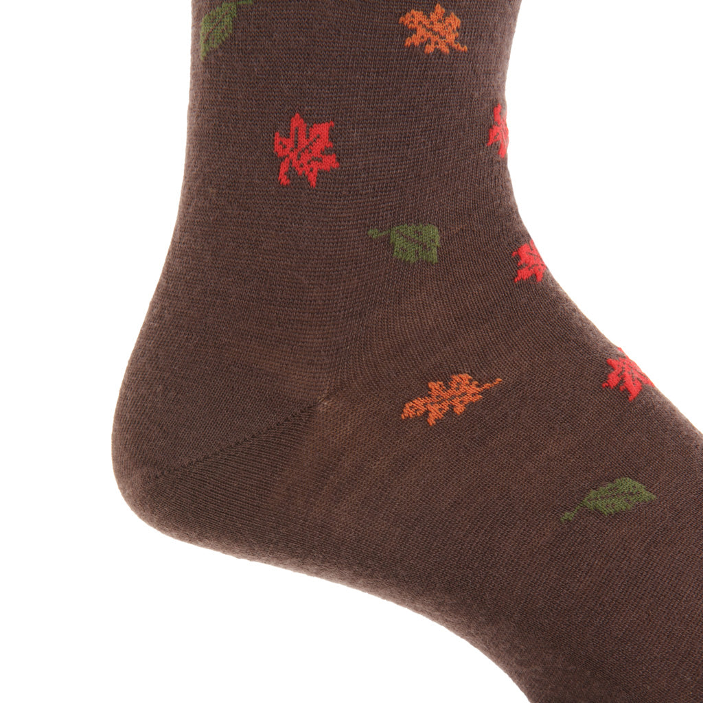 Coffee Brown with Fox &amp; Falling Leaves Fine Merino Wool Over-the-Calf Sock