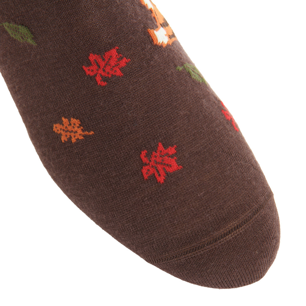 Coffee Brown with Fox &amp; Falling Leaves Fine Merino Wool Mid-Calf Sock