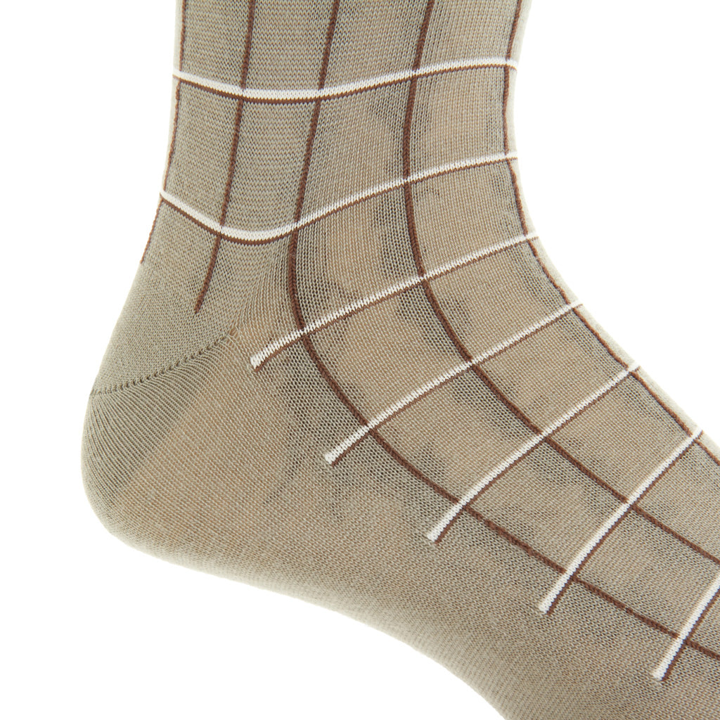 Taupe with Mushroom &amp; Clay Windowpane Fine Merino Wool Mid-Calf Sock