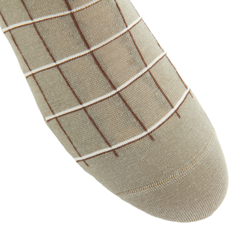 Taupe with Mushroom &amp; Clay Windowpane Fine Merino Wool Mid-Calf Sock