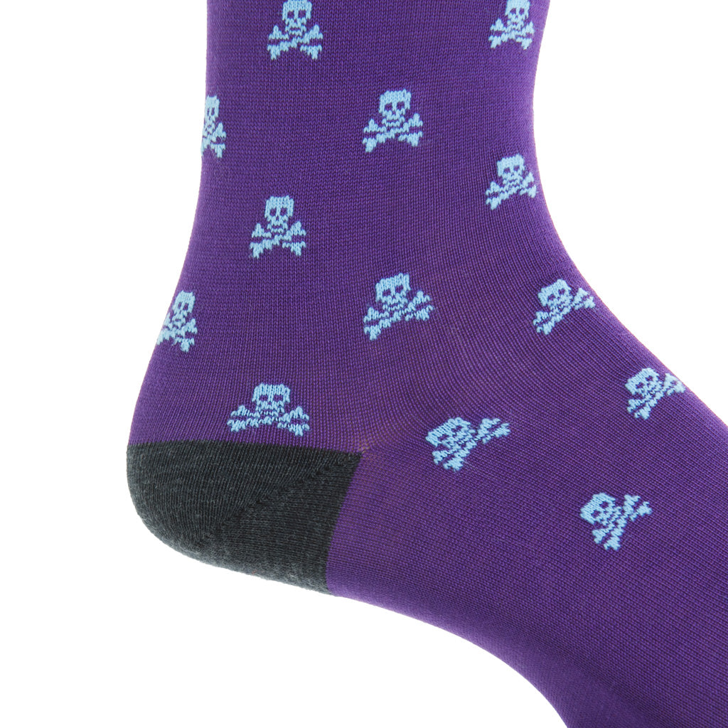 Purple with Sky Blue Skull and Cross Bones Cotton Over-the-Calf Sock