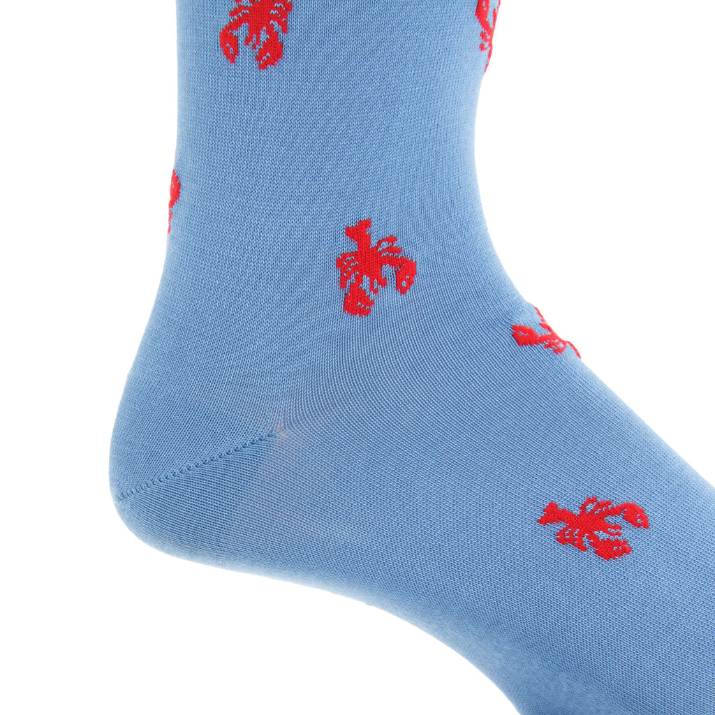 Azure Blue with Red Lobsters Cotton Over-the-Calf Sock