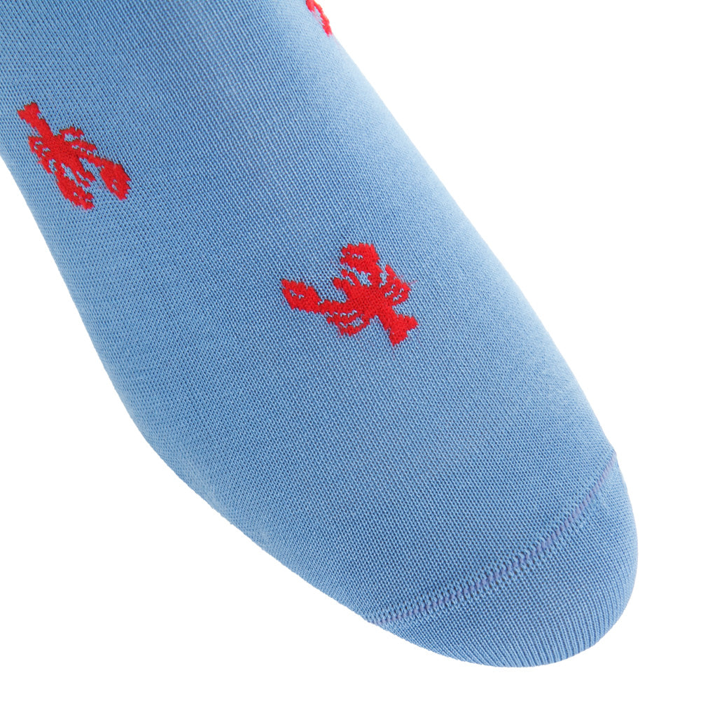 Azure Blue with Red Lobsters Cotton Over-the-Calf Sock