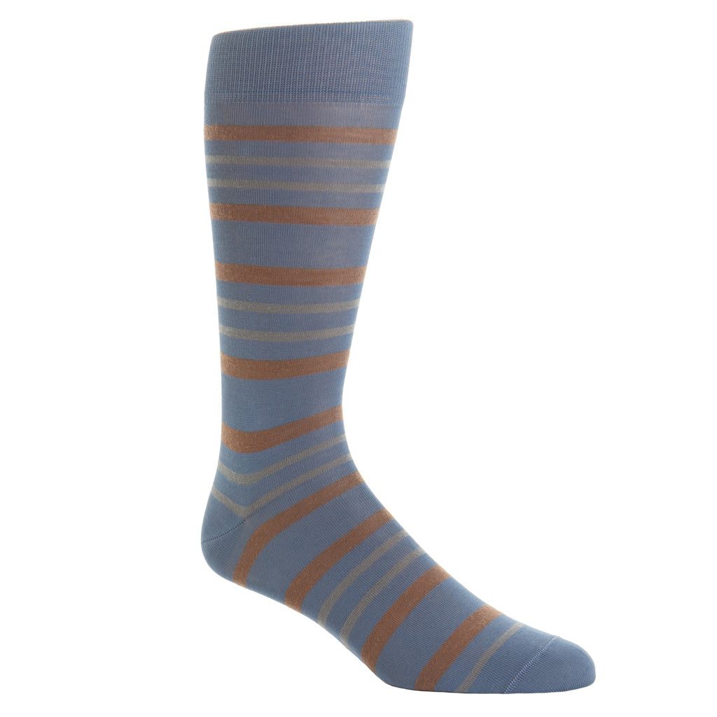 Bay Blue with Mushroom &amp; Mercury Gray Double Stripe Fine Merino Wool Mid-Calf Sock