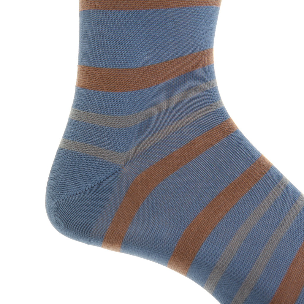 Bay Blue with Mushroom &amp; Mercury Gray Double Stripe Fine Merino Wool Mid-Calf Sock