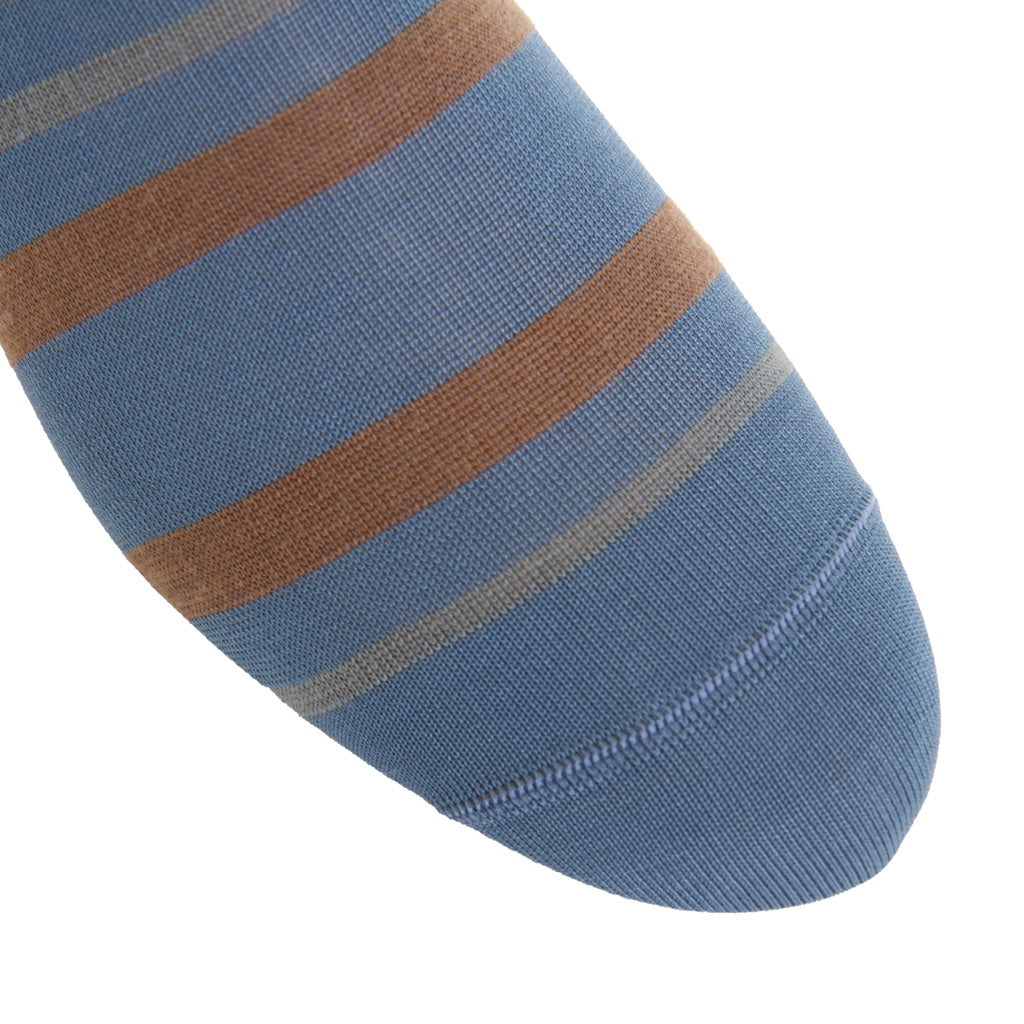 Bay Blue with Mushroom &amp; Mercury Gray Double Stripe Fine Merino Wool Over-the-Calf Sock