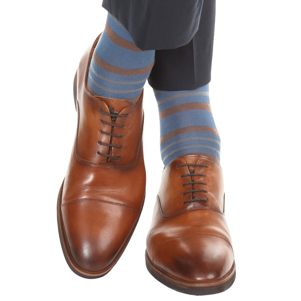 Bay Blue with Mushroom &amp; Mercury Gray Double Stripe Fine Merino Wool Mid-Calf Sock