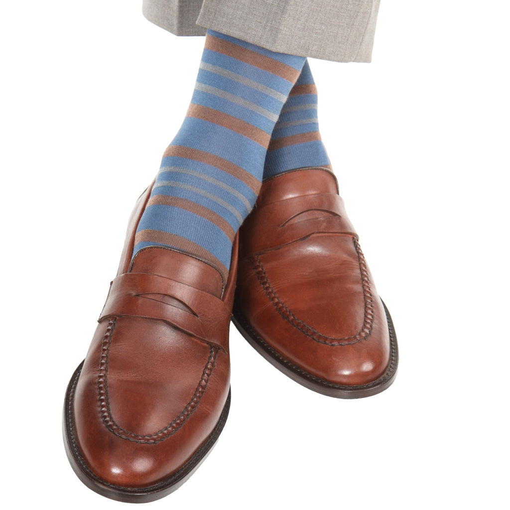 Bay Blue with Mushroom &amp; Mercury Gray Double Stripe Fine Merino Wool Over-the-Calf Sock