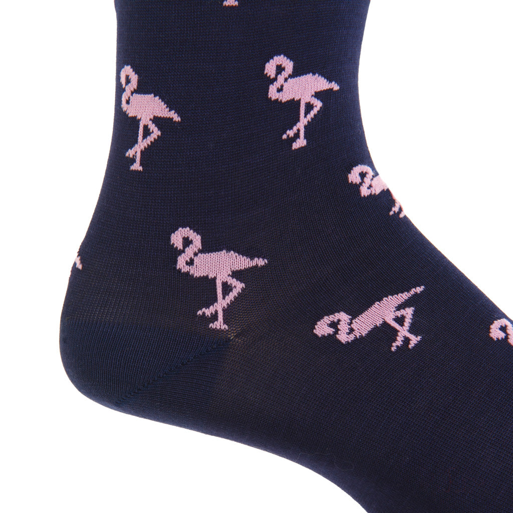 Classic Navy with Pink Flamingo Cotton Mid-Calf Sock
