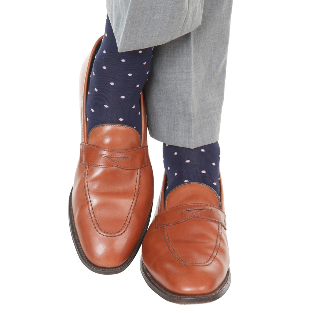 Classic Navy with Pink Dot Cotton Mid-Calf Sock