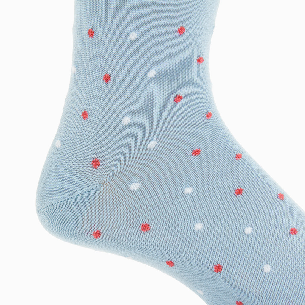 Sky Blue with White Dot and Coral Dot Cotton Mid-Calf Sock