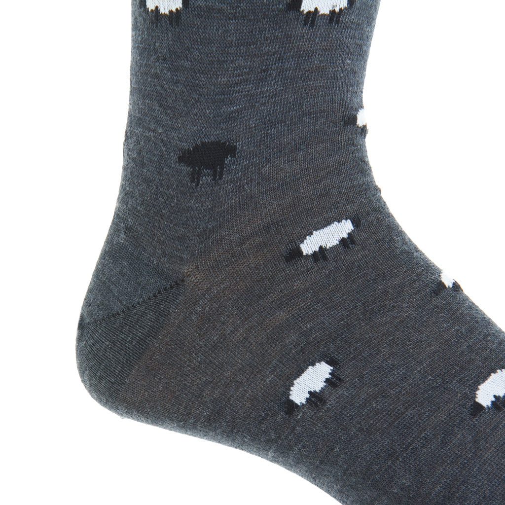 Charcoal with Sheep Fine Merino Wool Mid-Calf Sock