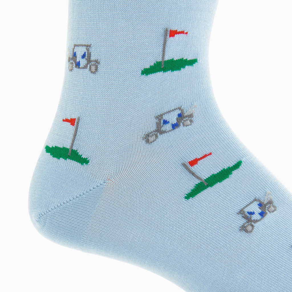 Sky Blue with Golf Cart &amp; Green Cotton Mid-Calf Sock
