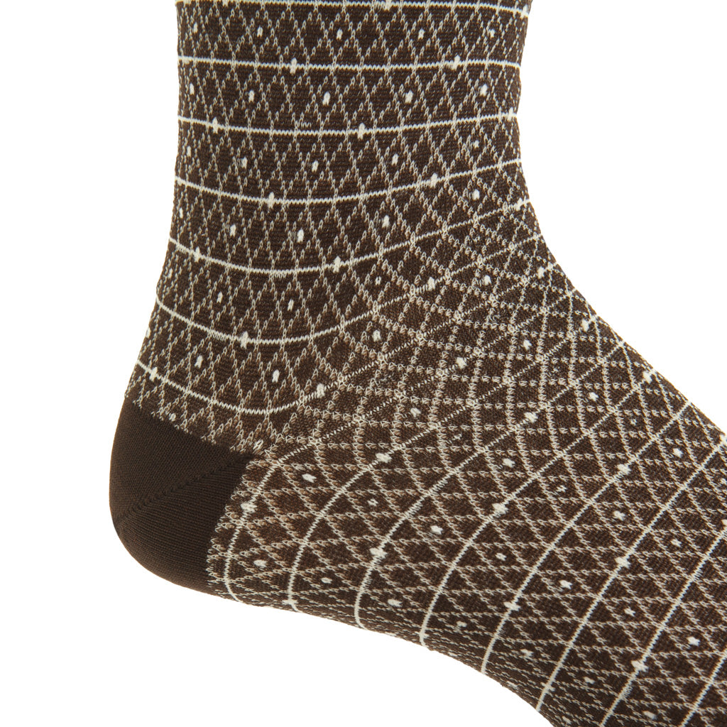 Coffee Brown with Tan &amp; Cream Diamond Marquis Cotton Mid-Calf Sock