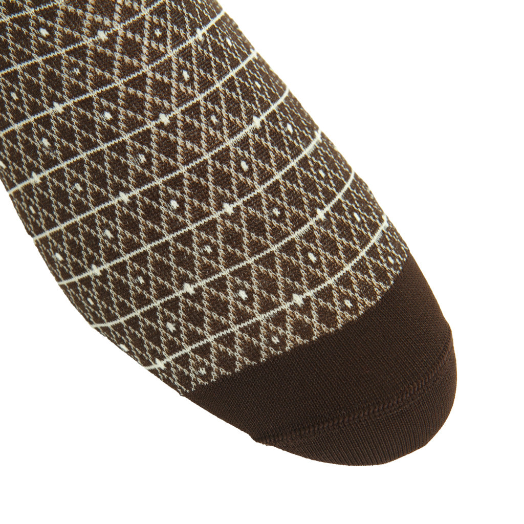 Coffee Brown with Tan &amp; Cream Diamond Marquis Cotton Mid-Calf Sock