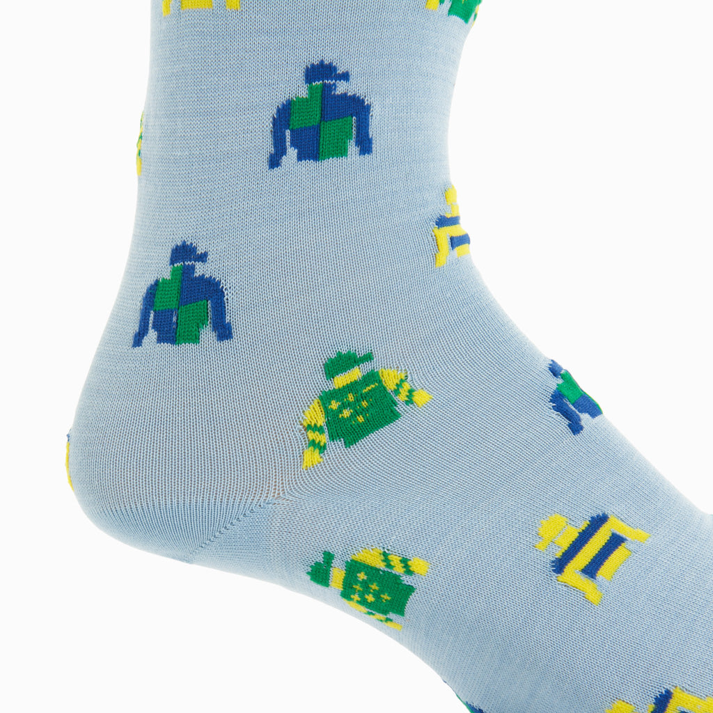 Sky Blue with Clematis, Green, &amp; Lemon Jockey Silks Cotton Mid-Calf Sock