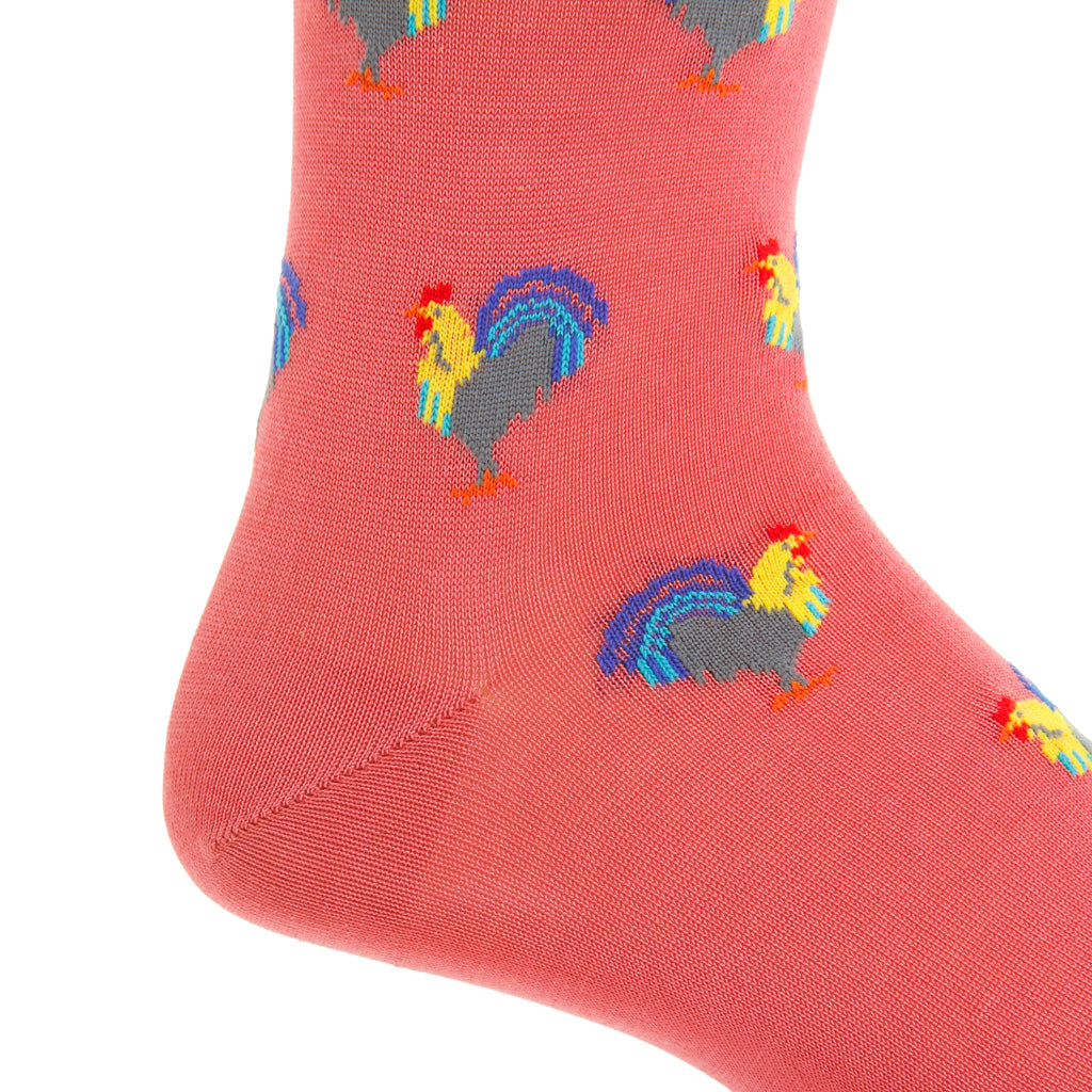 Terracotta with Roosters Mercerized Cotton Mid-Calf Sock