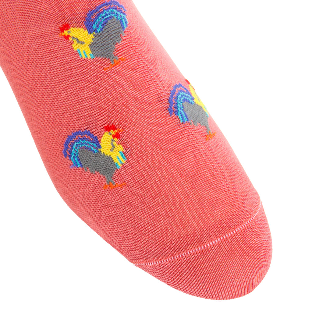 Terracotta with Roosters Mercerized Cotton Mid-Calf Sock