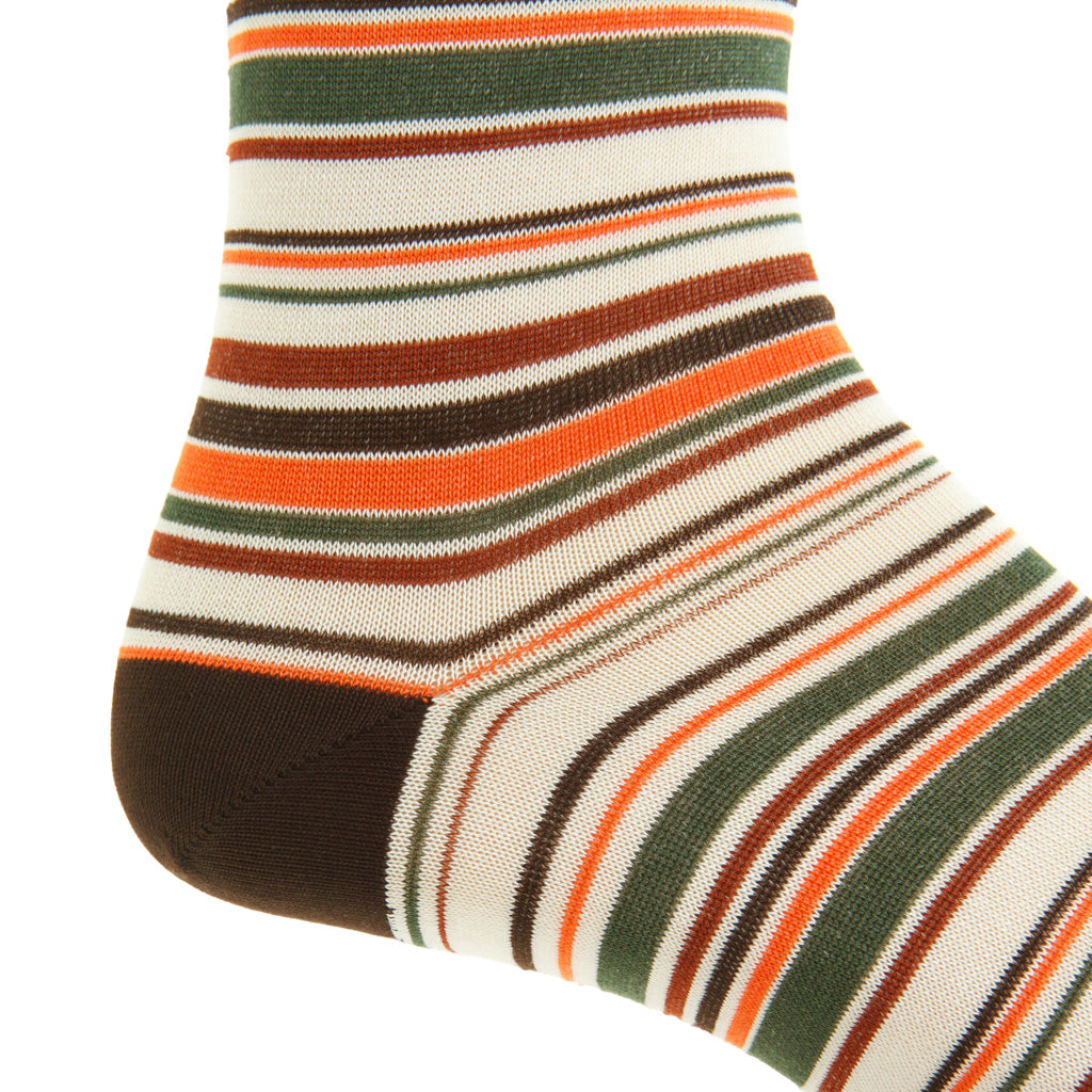 Coffee Brown, Cream, Orange, Forest Green, Whiskey Varigated Stripe Cotton Over-the-Calf Sock